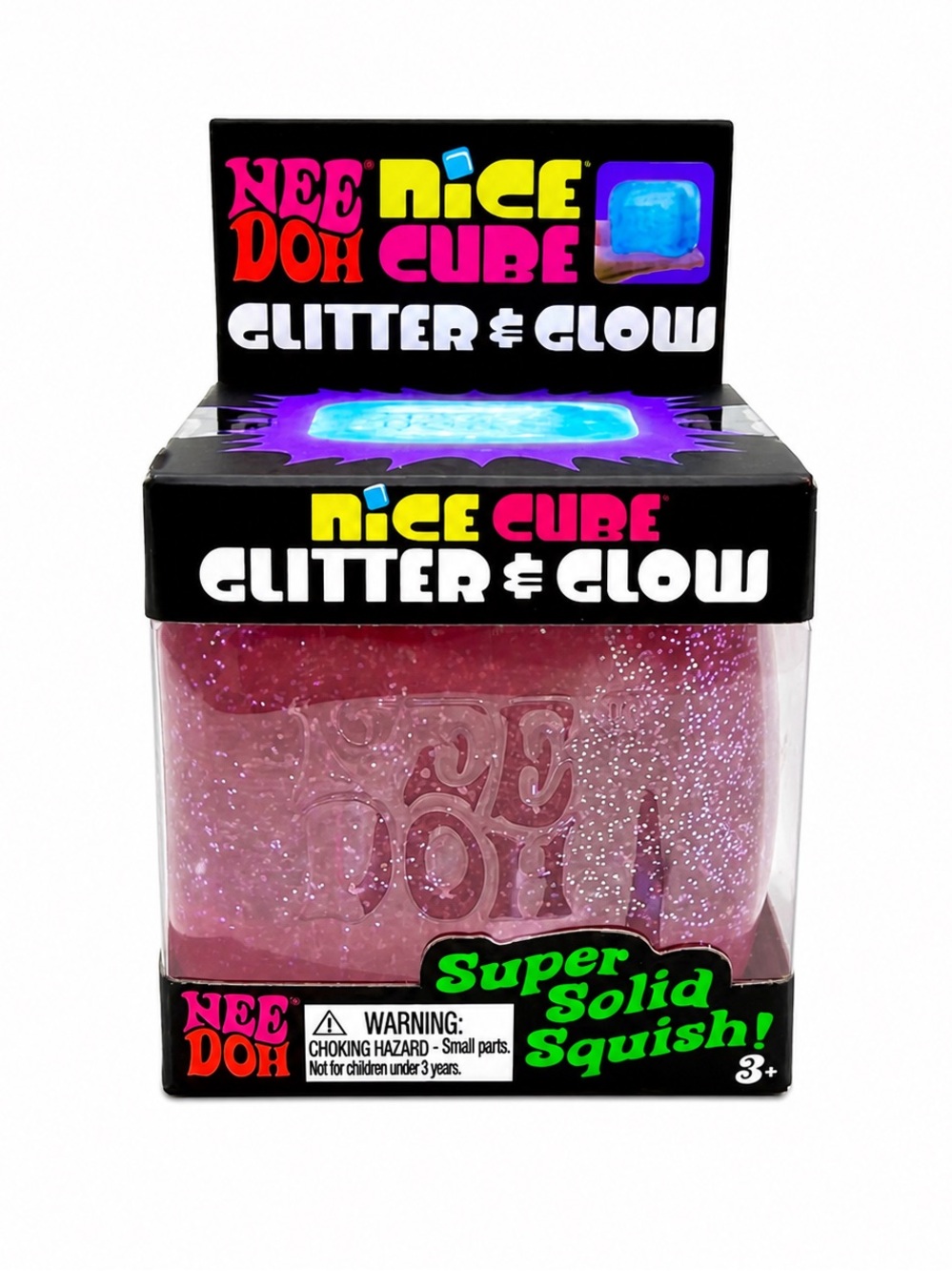 Pink NeeDoh Nice Cube Glitter & Glow Super Solid Squish